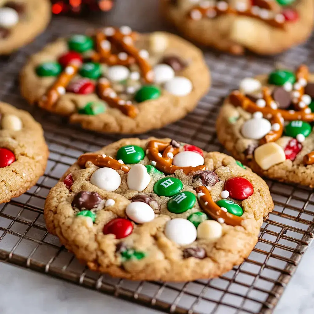 Close-up view of colorful cookies with pretzel pieces and candy laid on a cooling rack.