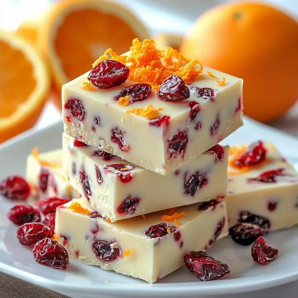 Soft squares of white fudge studded with cranberries and a sprinkle of orange zest, sitting next to fresh orange slices.