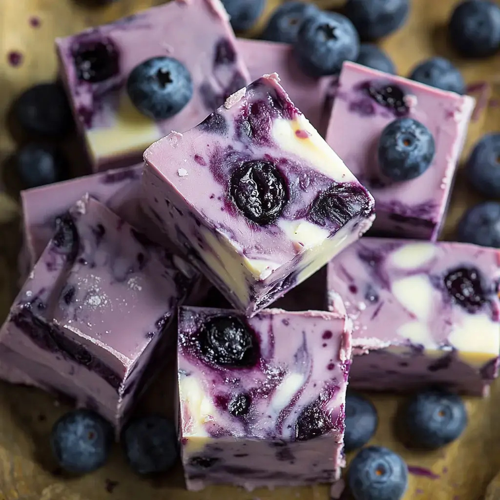 Close-up of squares of white chocolate fudge with purple swirls and scattered blueberries.