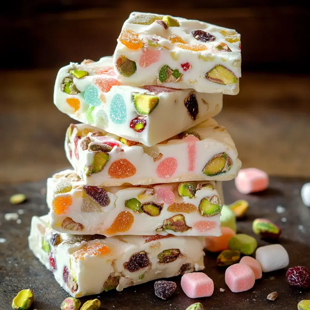 A vibrant stack of nougat with pistachios and candy pieces on a dark base surrounded by colorful accents.