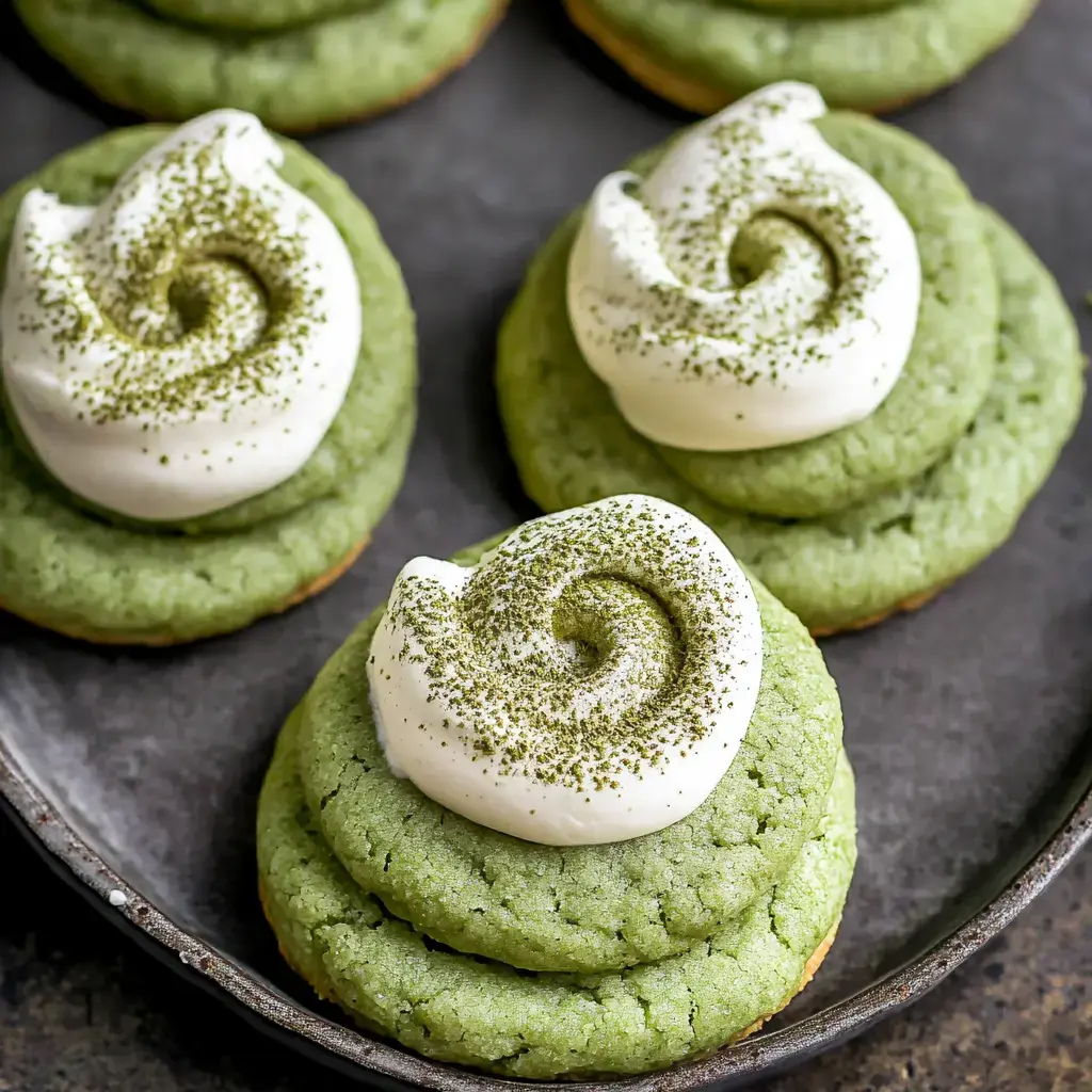 Close-up of round green cookies with whipped white cream on top and matcha sprinkled over, served on a dark plate.
