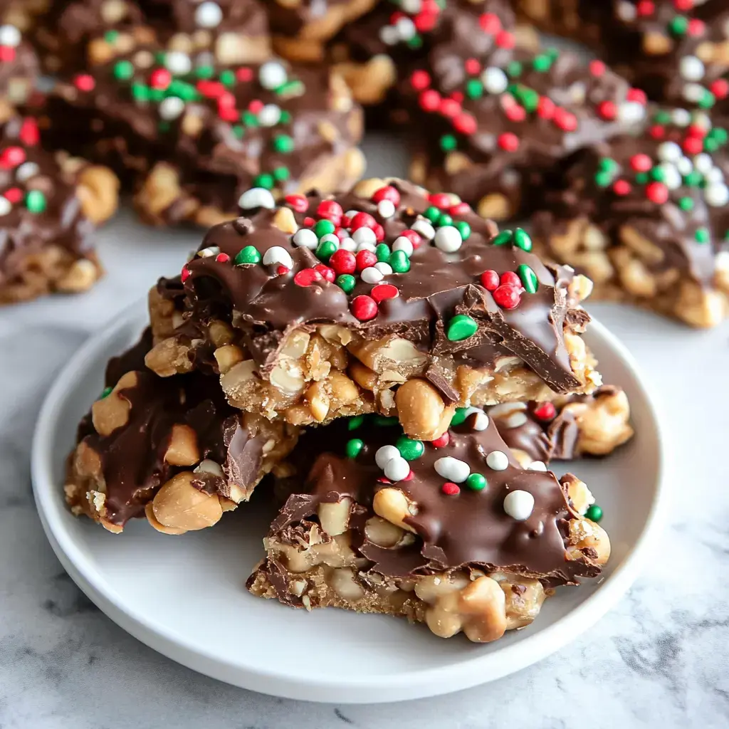 A zoomed-in view of chocolate-dipped nuts topped with bright holiday sprinkles stacked on a plate.