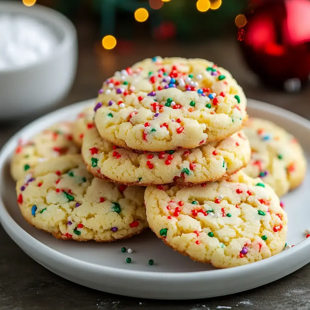 A plate holding colorful cookies with sprinkles, set near a powdered sugar bowl and holiday lights in the back.