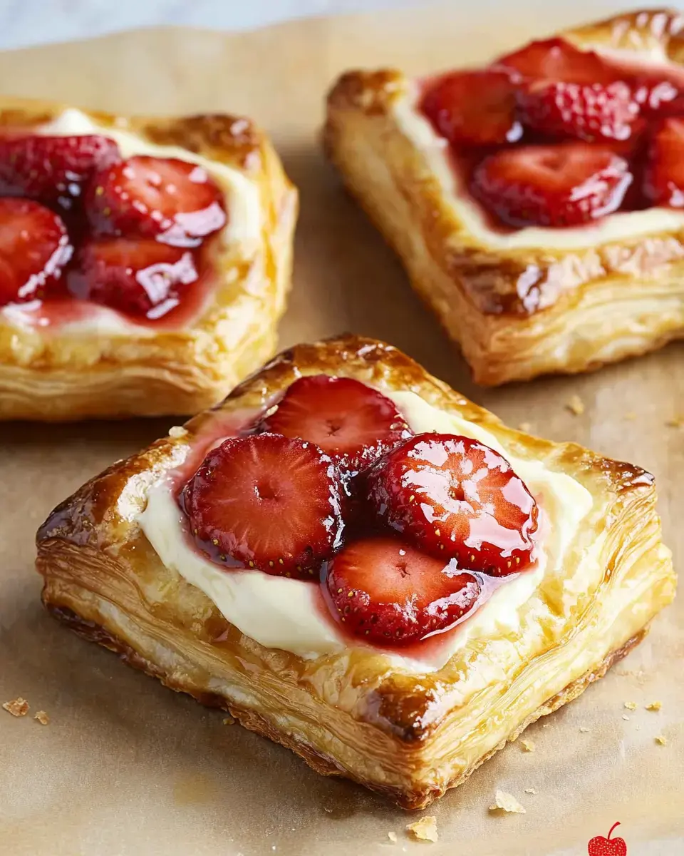 Three pastry squares topped with strawberries and cream filling resting on parchment paper.