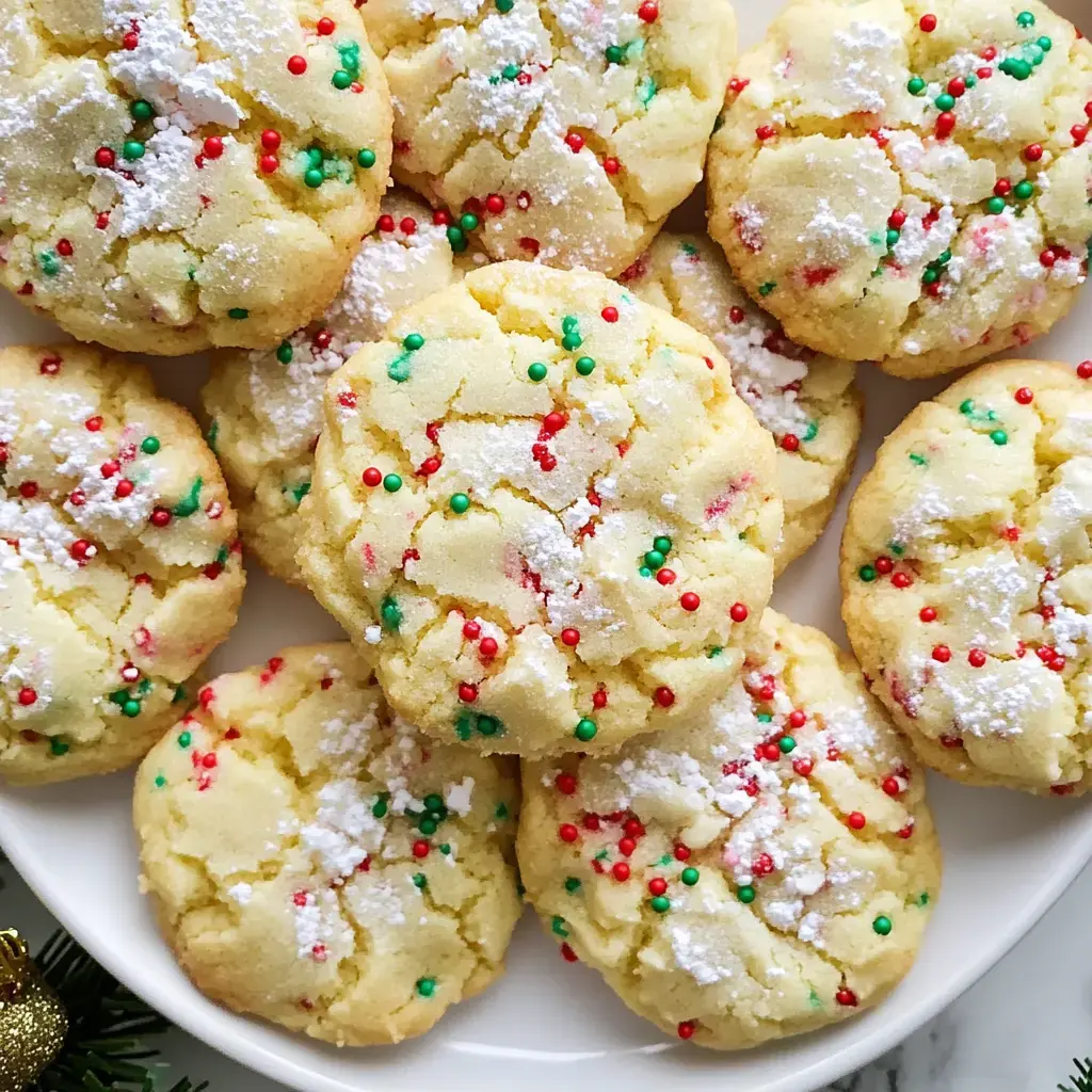 Delicious festive cookies dusted with powdered sugar and decorated with red and green sprinkles, displayed on a white serving plate.