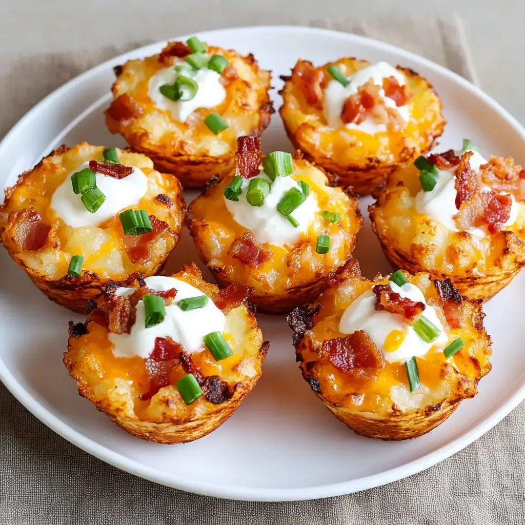 A plate of mini loaded potato cups topped with bacon, sour cream, and green onions.
