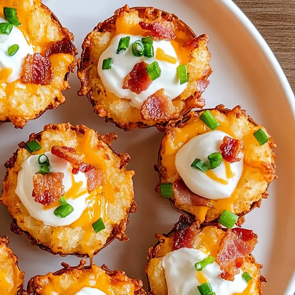 A close-up of golden potato cups topped with sour cream, bacon bits, shredded cheese, and green onions on a white plate.