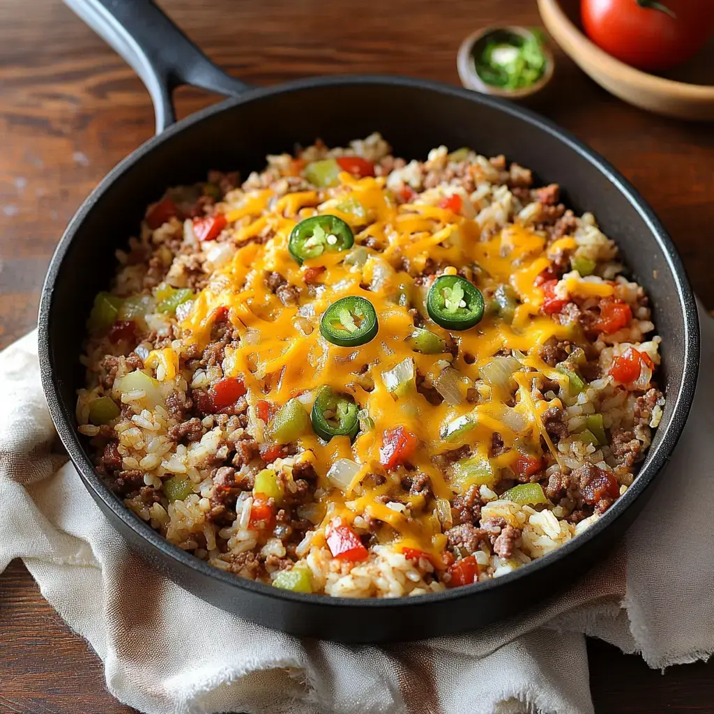 A skillet filled with savory ground beef, rice, diced vegetables, and melted cheddar cheese, garnished with jalapeño slices.