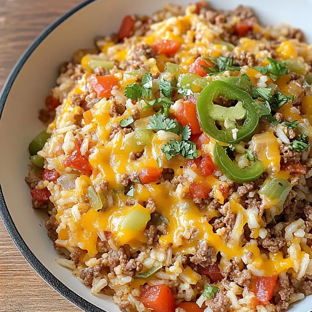 A close-up of a bowl filled with a colorful blend of rice, ground beef, diced tomatoes, green peppers, and melted cheddar cheese, garnished with cilantro and jalapeño slices.