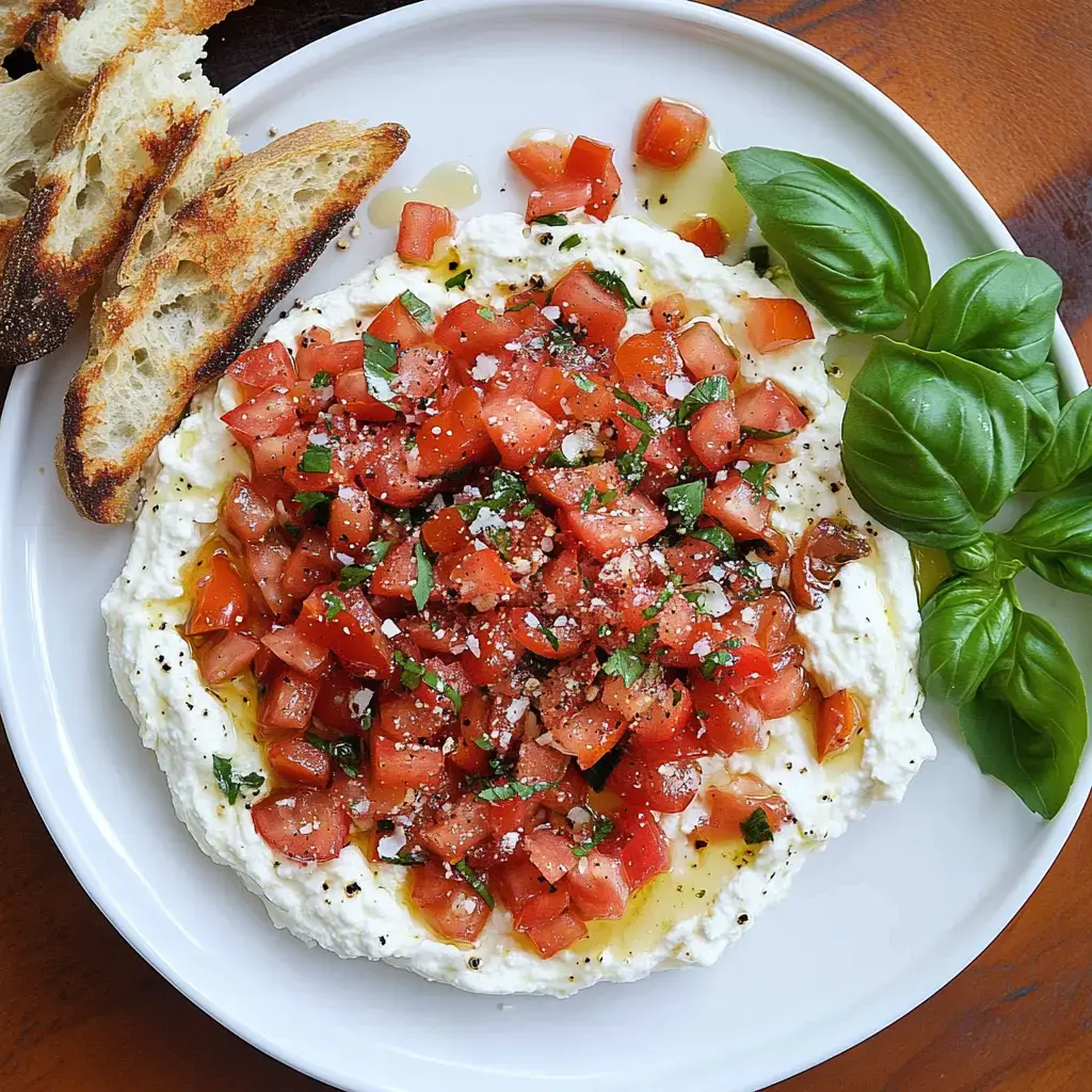 A plate of creamy ricotta topped with diced tomatoes, herbs, and olive oil, accompanied by toasted bread and fresh basil.