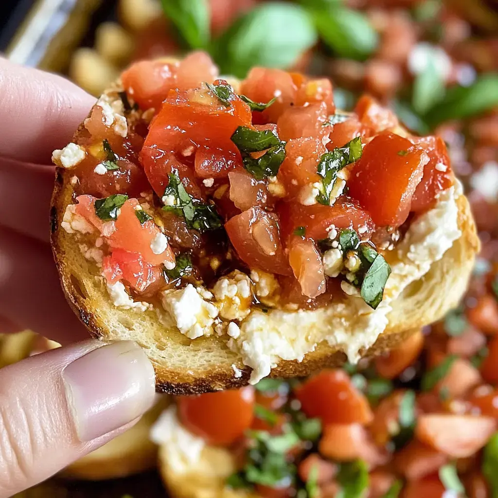 A hand holds a slice of toasted bread topped with chopped tomatoes, basil, and cheese.