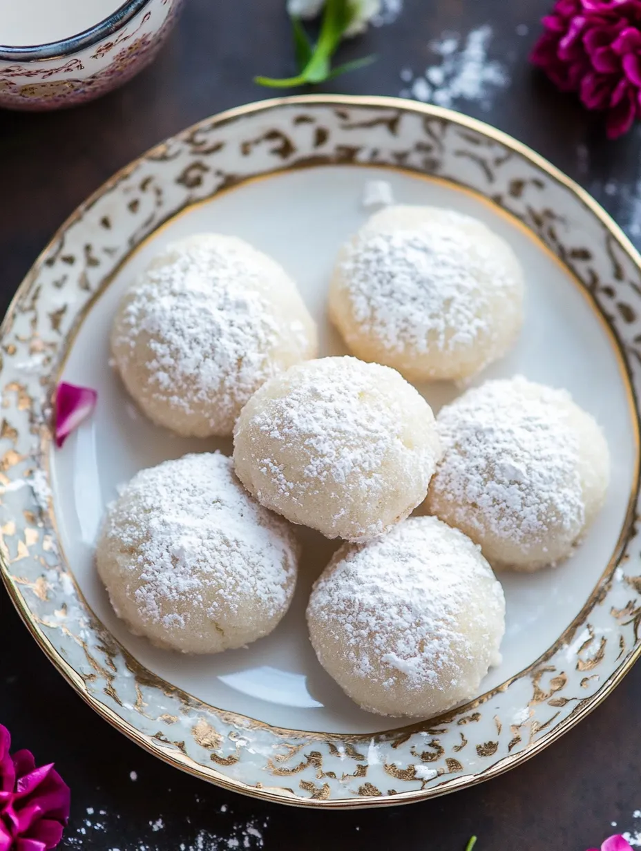 A plate of powdered sugar donuts with a rose petal on top.