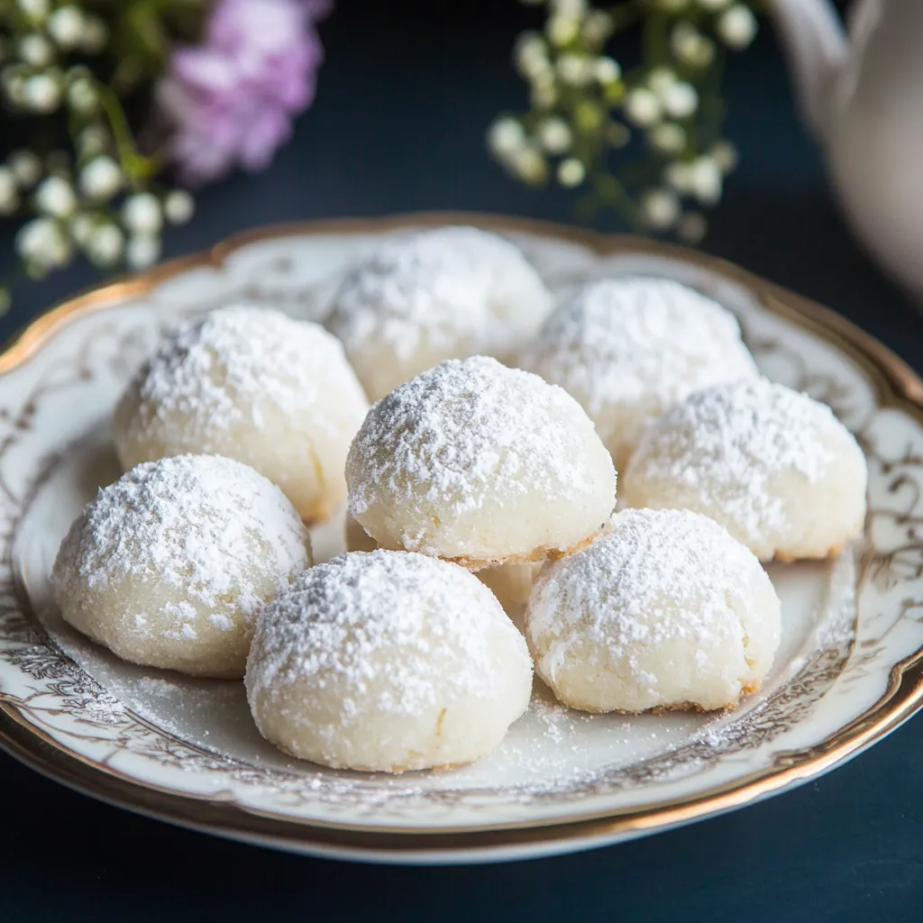 A plate of powdered sugar cookies with a teapot in the background.