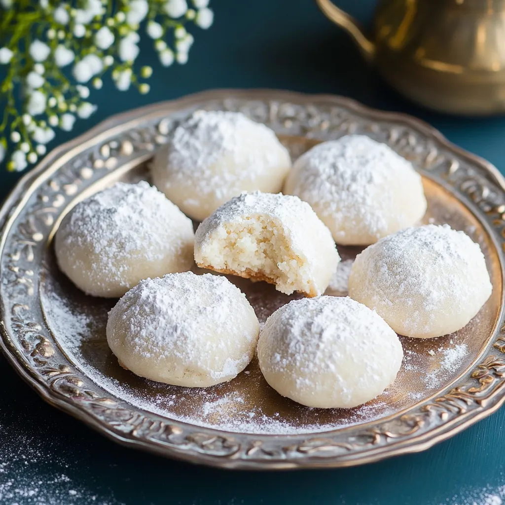 A plate of powdered sugar donuts with a spoon nearby.