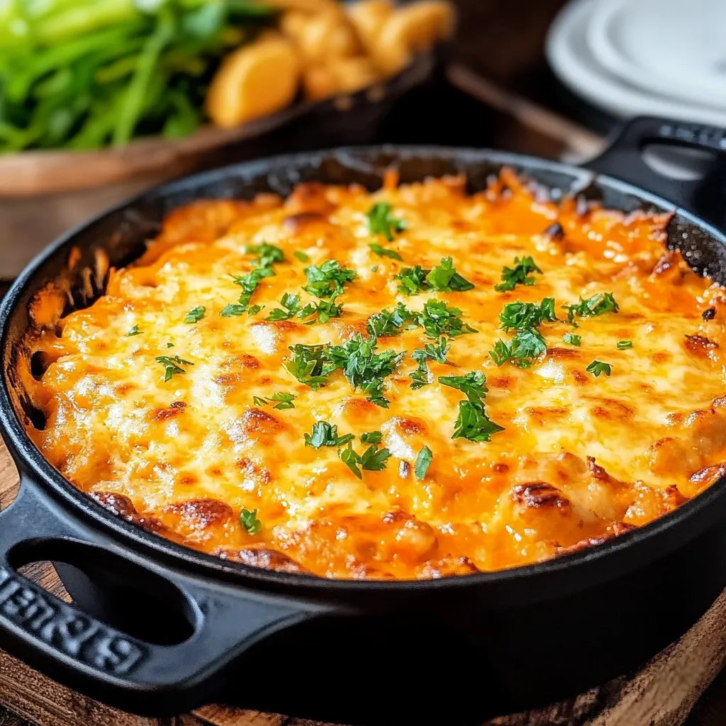 A delicious cheese and vegetable dish is cooked in a skillet and ready to be served.