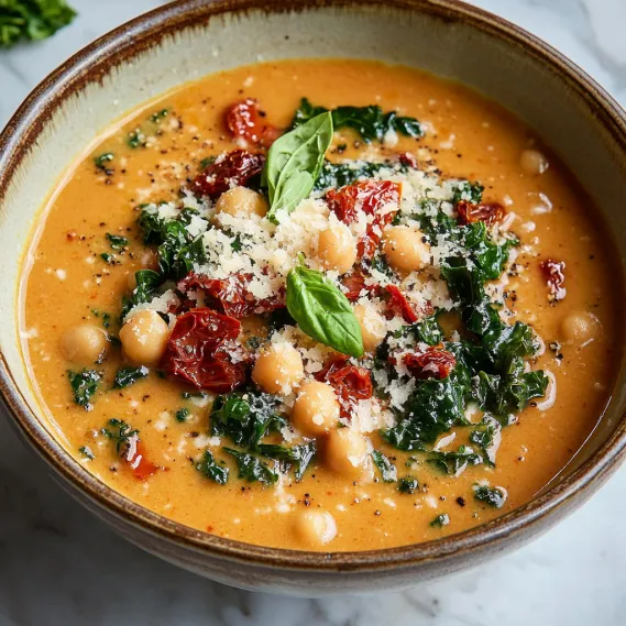 A bowl of soup with chickpeas, spinach, and tomatoes.