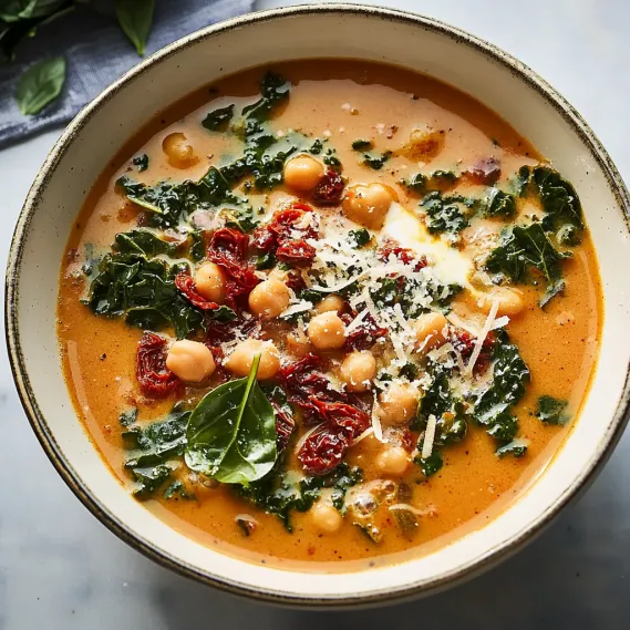 A bowl of soup with chickpeas and spinach.