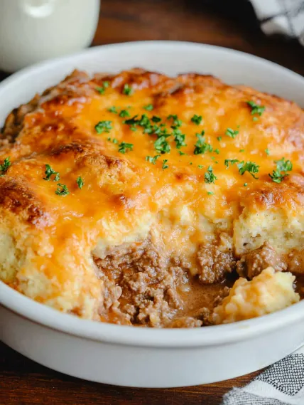 A bowl packed with comfort food and topped with fresh herbs.