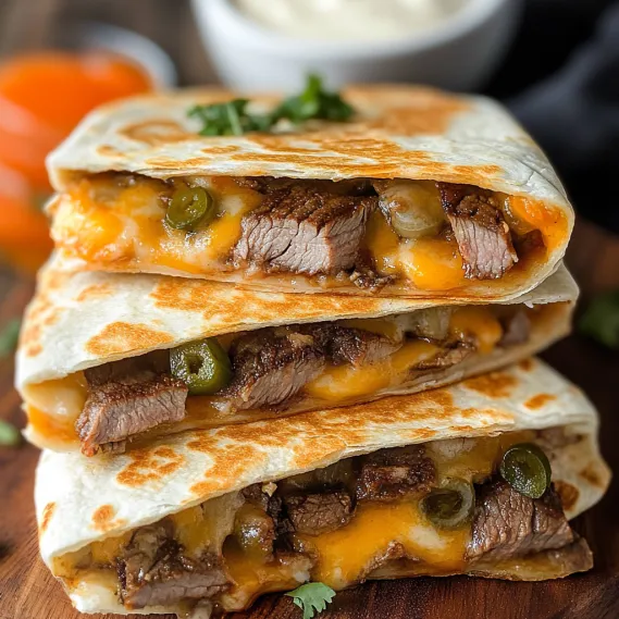 Stacked tortillas bursting with steak, cheese, and jalapeños.