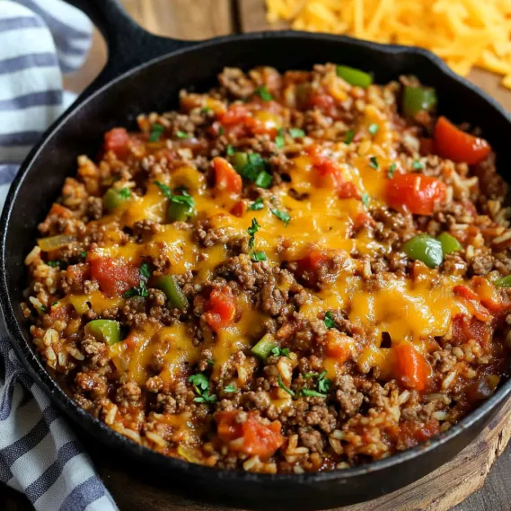 A full skillet with melted cheese and diced tomatoes.