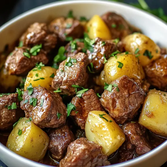 A bowl of tender meat and buttery potatoes.