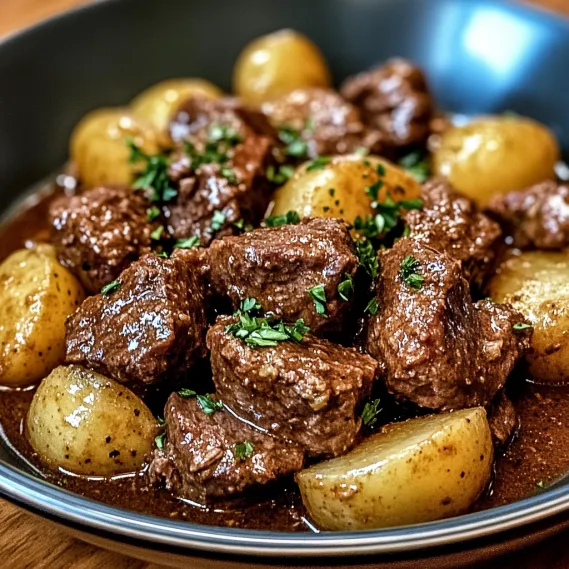 A bowl of meat and potatoes.