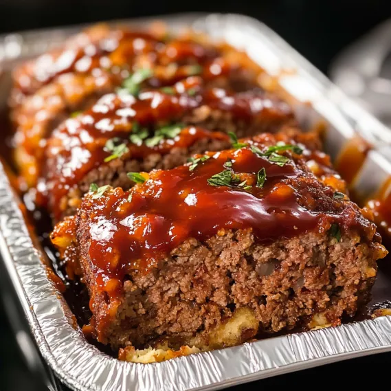 Cooked meat on a tray topped with BBQ sauce.