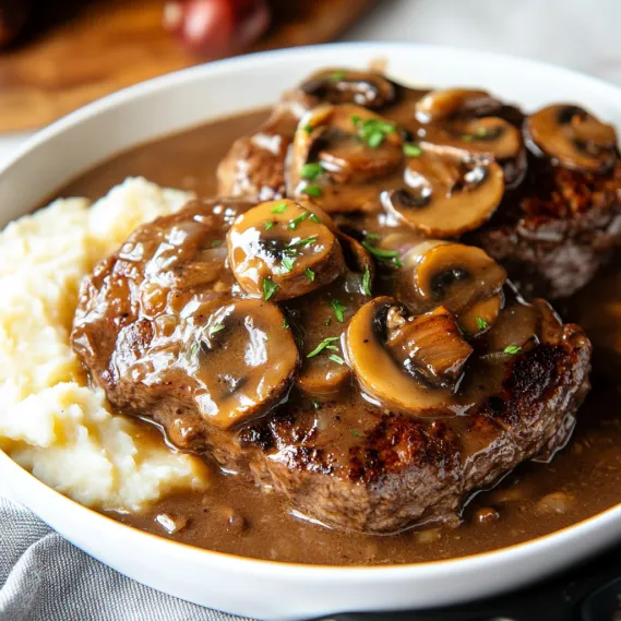 A plate of beef covered with mushrooms and sauce.