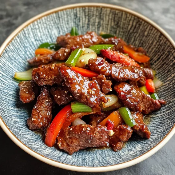 A plate filled with beef tossed in sauce and vegetables.