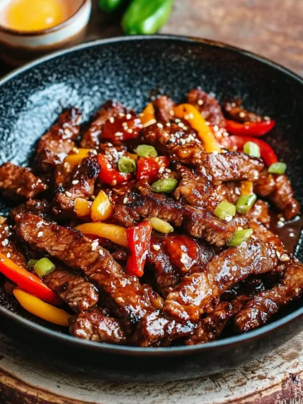 A bowl of beef and peppers.