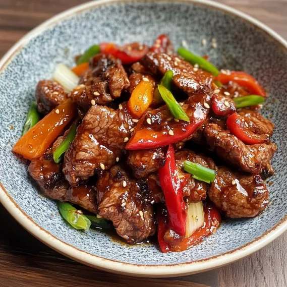 A bowl of meat with peppers and onions.
