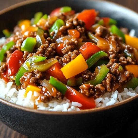 A bowl filled with beef, peppers, and rice.