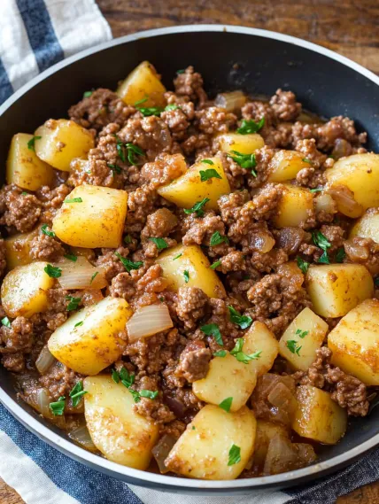 A bowl of meat and potatoes.
