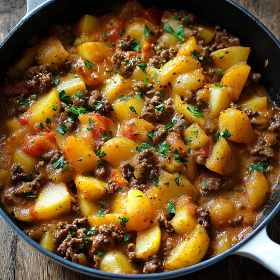A bowl of food with meat and potatoes.
