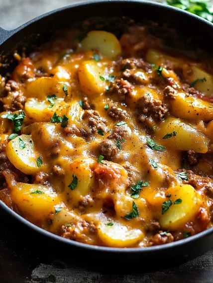 A bowl of food with meat and potatoes.
