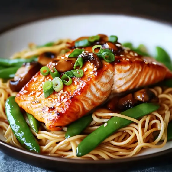 A dish with noodles and glazed salmon.