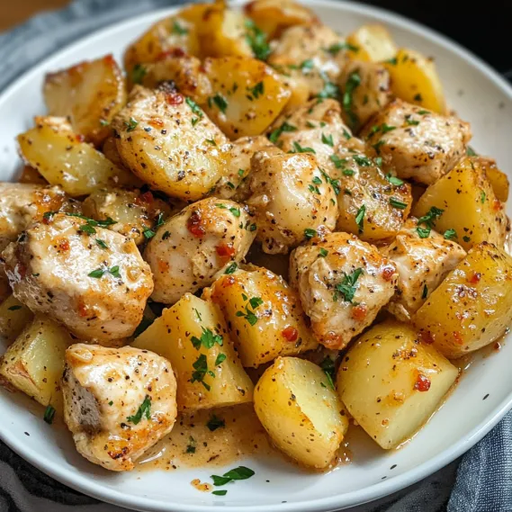 A bowl of garlic chicken and potatoes.