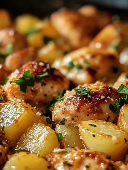 A plate of food with chicken and potatoes.