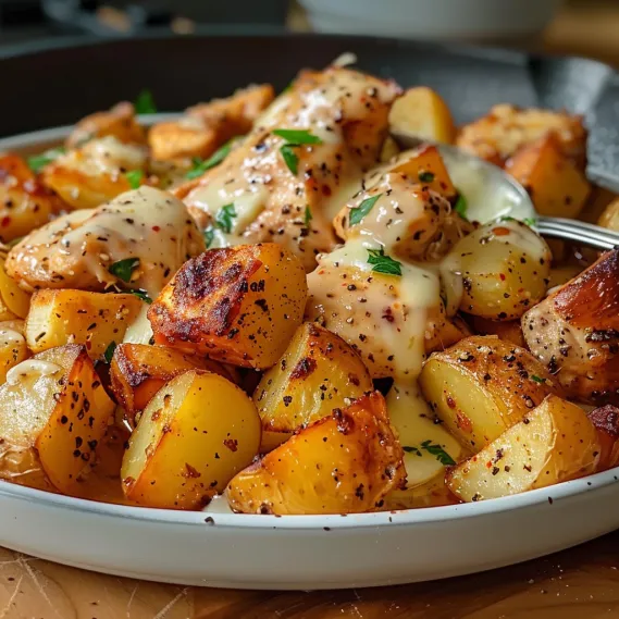 A plate of food with chicken and potatoes.