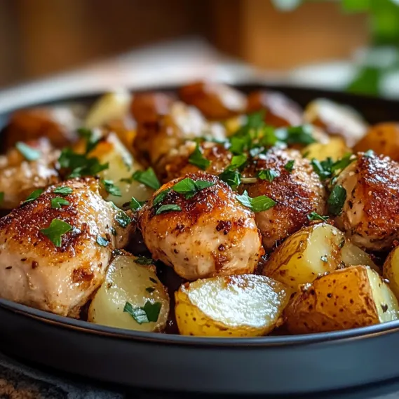 A plate of food with chicken, potatoes and herbs.