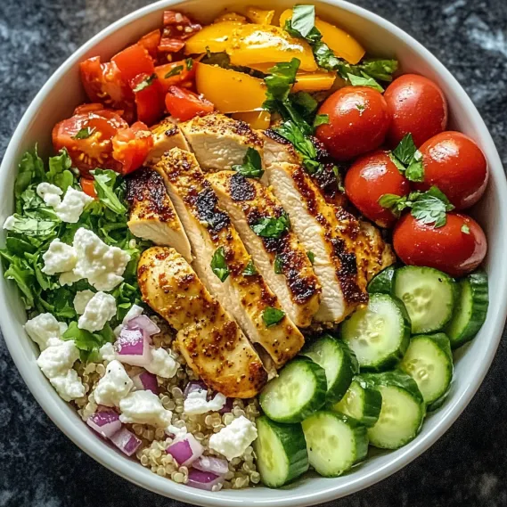 A vibrant bowl with chicken, fresh veggies, and cheese.