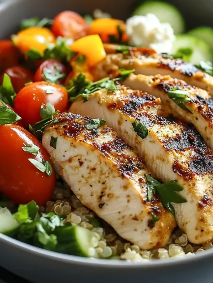 A plate of food with chicken, tomatoes, and cucumbers.