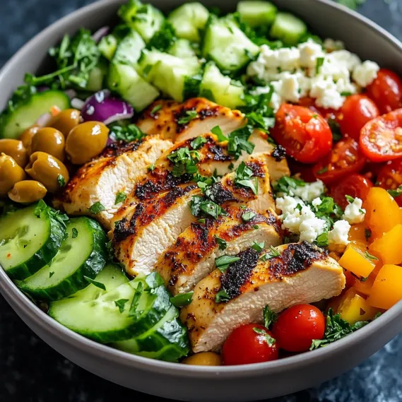 A bowl of food with chicken, tomatoes, cucumbers, and feta cheese.