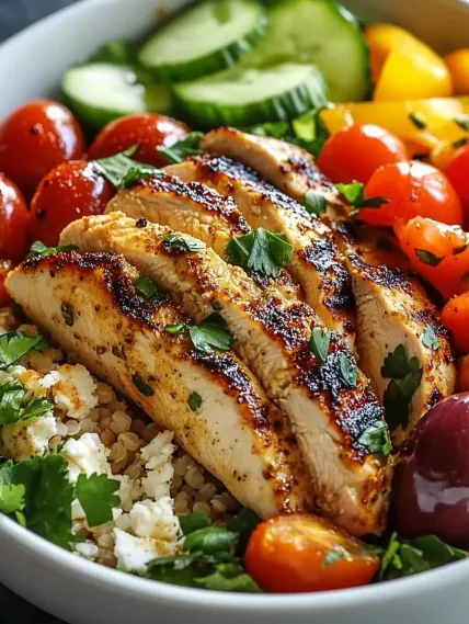 A bowl of food with chicken, tomatoes, cucumbers, and rice.