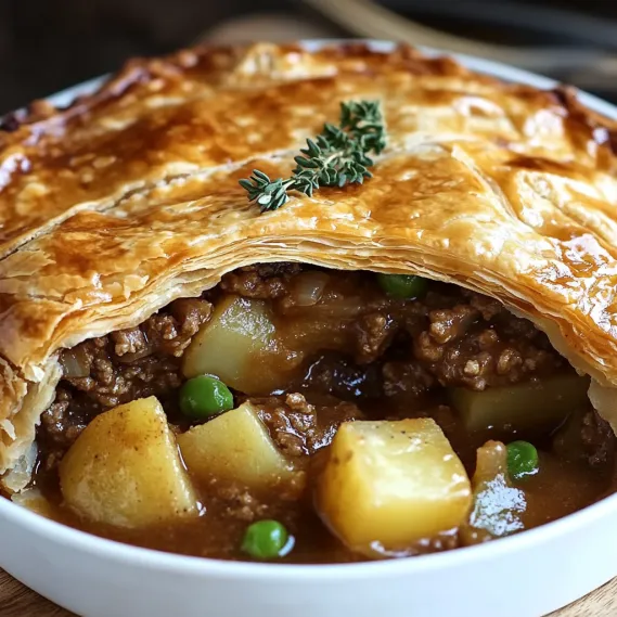 A golden pie with a green garnish.