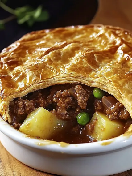 A bowl of food with a pastry in it.