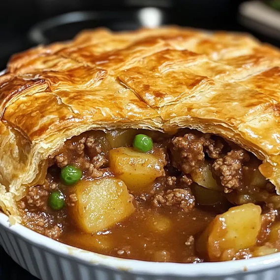 A pie with meat and peas.