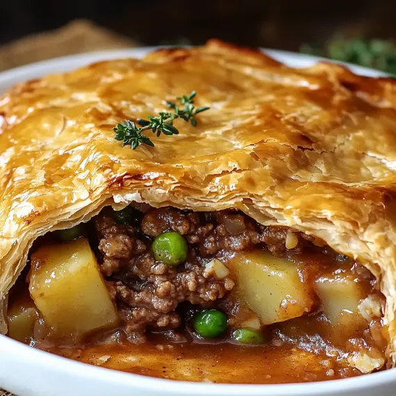 A close up of a pie with a green herb on top.