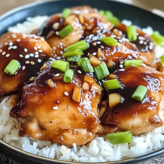 Chicken dish with sticky rice and sauce on a plate.