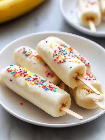 A plate of banana popsicles with sprinkles.